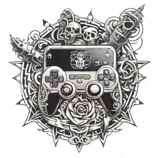 hollow kinght, have a nice death, gaming controller surrounded tattoo design idea