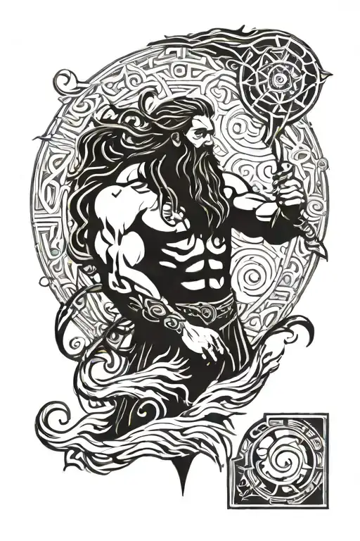 A titanic, god-like Poseidon emerges from the ocean depths, his physique sculpted with the grandeur of ancient gods. Mus tattoo design idea