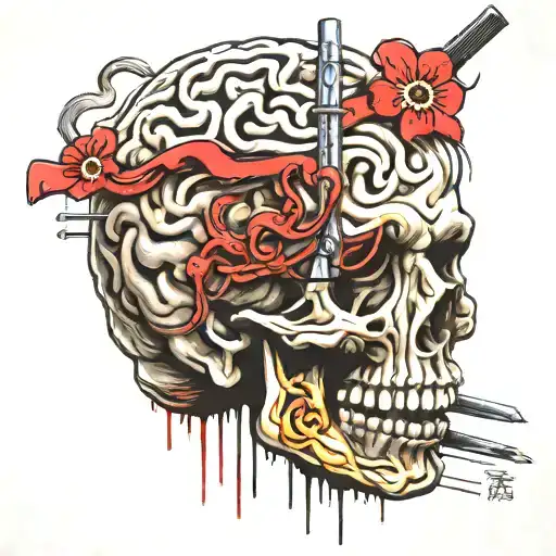 brain being impaled by a gym bar tattoo design idea