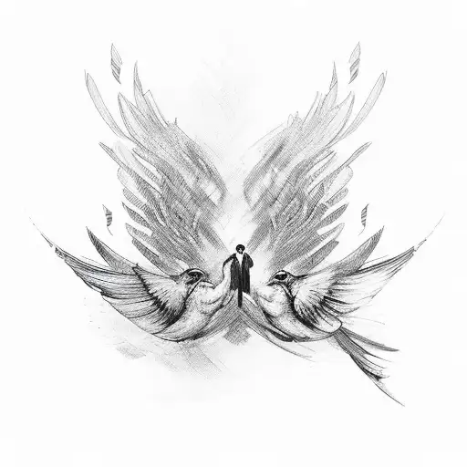 the word love transforming into birds with ribbons. tattoo design idea
