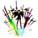  bright color  levi ackerman with big eyes swords and titans tattoo design idea