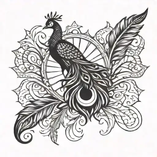 sun and peacock feather intertwined tattoo design idea