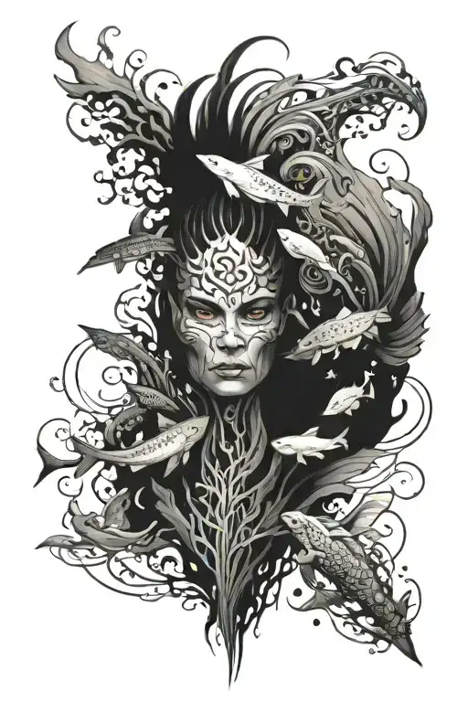 Full sleeve tattoo featuring three layers going from a sky to underwater tattoo design idea