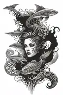 Full sleeve tattoo featuring three layers going from a sky to underwater tattoo design idea