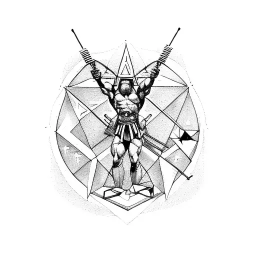 A muscular Sagittarius shooting arrows while surrounded by illuminated symbols of the illuminati tattoo design idea
