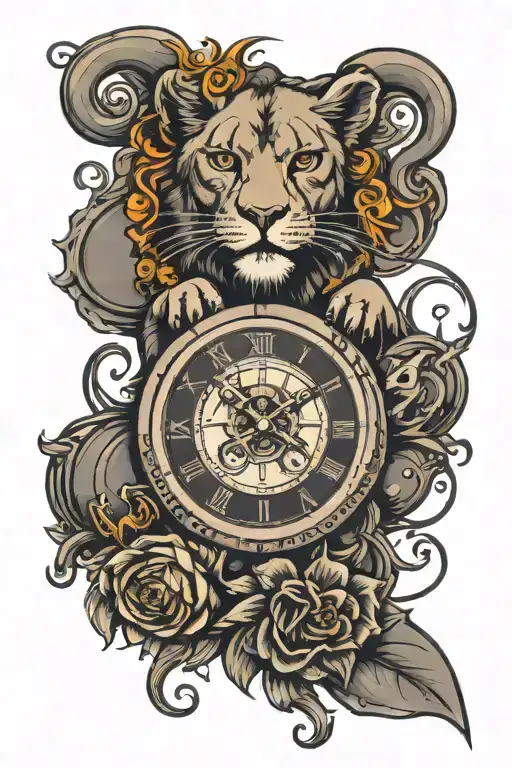 Leo zodiac sign incorporated dark grey with time piece and lifeline  tattoo design idea
