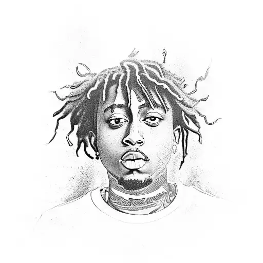 A vibrant portrait of Juice WRLD surrounded by lyrics tattoo design idea