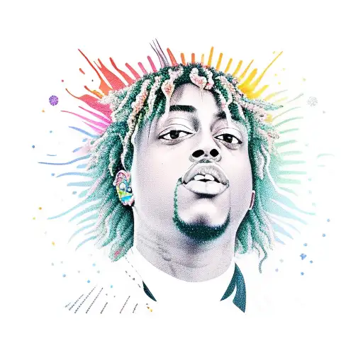 A vibrant portrait of Juice WRLD surrounded by music notes tattoo design idea