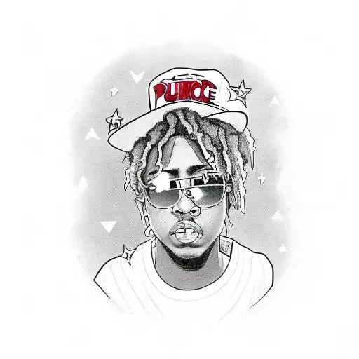 A portrait of Juice WRLD surrounded by lyrics tattoo design idea