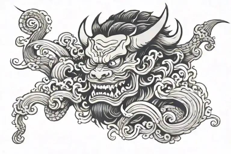 arm band japanese style woth waves and a Oni demon mask tattoo design idea