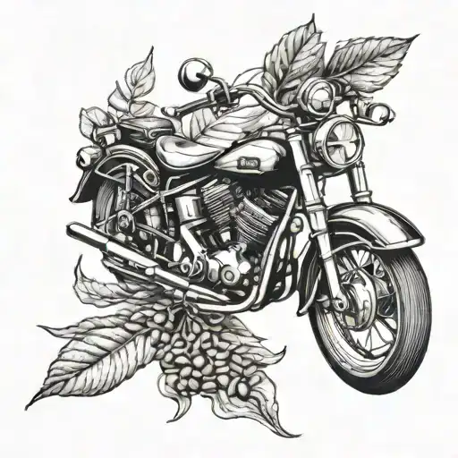 A detailed black and grey tattoo of a vintage motorcycle with coffee beans and cigar leaves intertwined in the design tattoo design idea