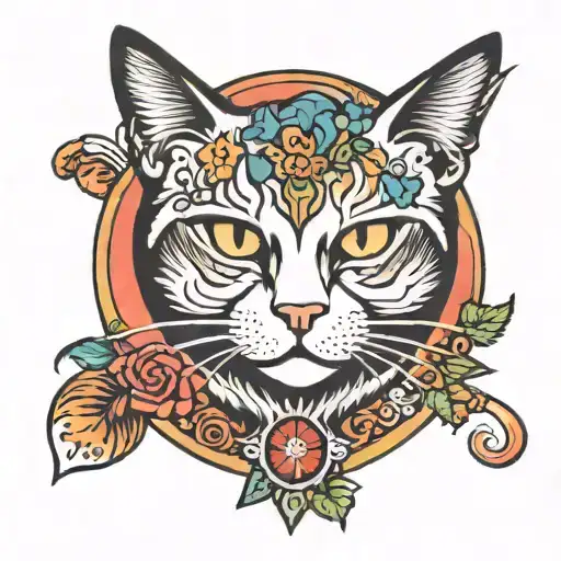 traditional flash cat facw tattoo design idea