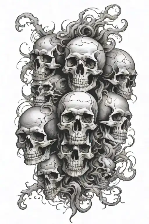 please create a tatoo art of skulls surrounded by some sort of smoke to give impression of souls  tattoo design idea