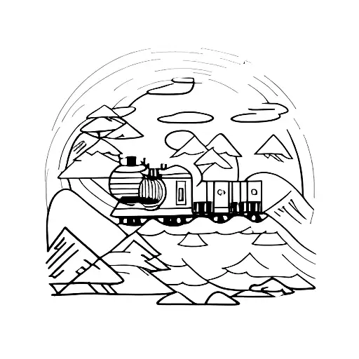 A minimalist design of a vintage train traveling through a forest tattoo design idea