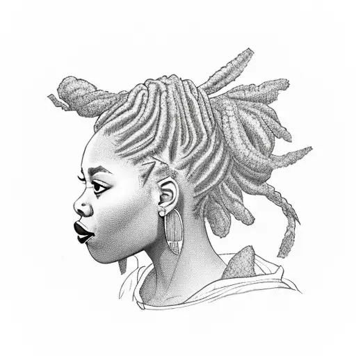 side profile of a black woman with locs that is in a high pony tail kinda looks like a pineapple head, she has pretty  tattoo design idea