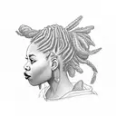 side profile of a black woman with locs that is in a high pony tail kinda looks like a pineapple head, she has pretty  tattoo design idea