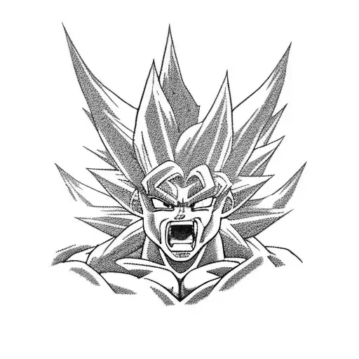 black and white with blue highlights. Goku from dragon ball z. full body charging a ball overhead. tattoo design idea