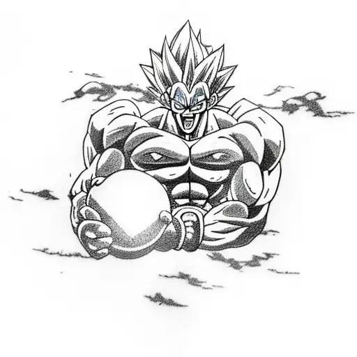 forearm tattoo. black and white with blue highlights. Goku from dragon ball z. full body. charging a ball overhead. tattoo design idea