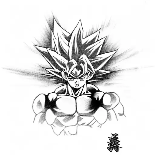 black and white with blue highlights. Goku from dragon ball z. full body charging a ball. tattoo design idea