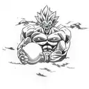 forearm tattoo. black and white with blue highlights. Goku from dragon ball z. full body. charging a ball overhead. tattoo design idea