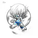 forearm tattoo. black and white with blue highlights. Goku from dragon ball z. full body. charging a ball overhead. tattoo design idea
