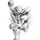 forearm tattoo. black and white with blue highlights. Goku from dragon ball z. full body. charging a ball overhead. tattoo design idea