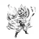 black and white with blue highlights. Goku from dragon ball z. full body charging a ball. tattoo design idea