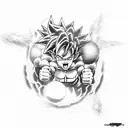 black and white with blue highlights. Goku from dragon ball z. full body charging a ball. tattoo design idea