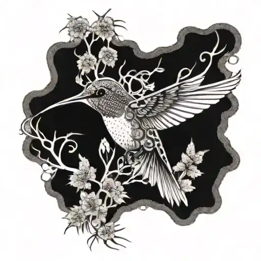 A dotwork tattoo of a hummingbird surrounded by Spanish moss tattoo design idea