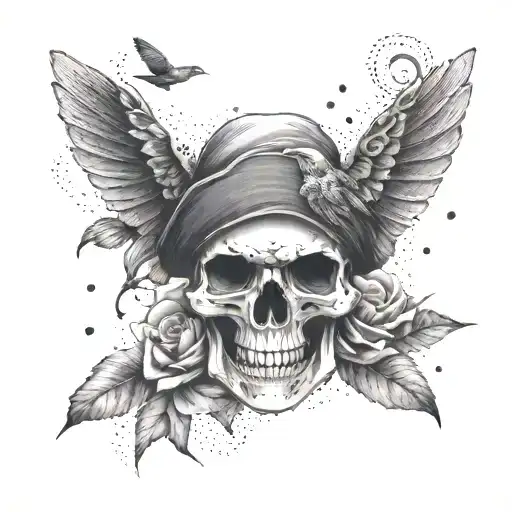 A dotwork tattoo of a pirate skull with hummingbirds flying around it tattoo design idea