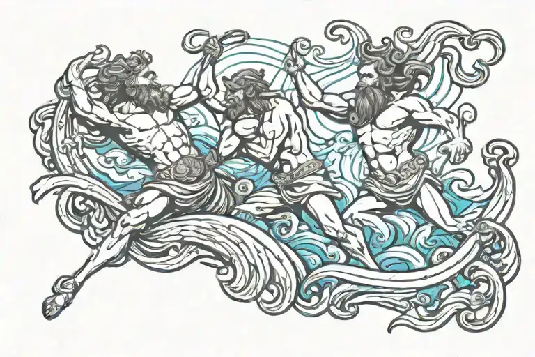 poseidon and scylla fighting on a sea scape with hippokampus  tattoo design idea
