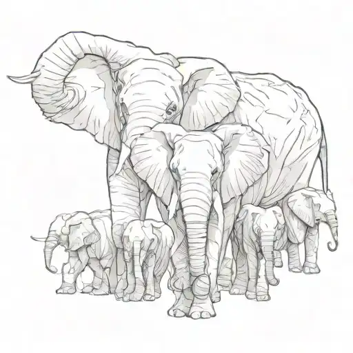 elephant family of 5 facing forward tattoo design idea