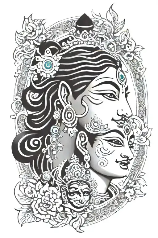 Merge the facial features of both deities, perhaps showing Krishna's serene smile with Shiva's meditative eyes.   tattoo design idea