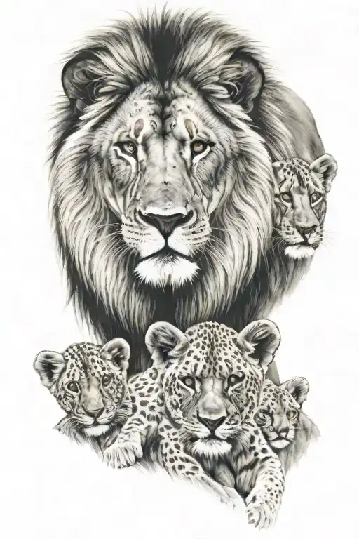 lion with 3 cubs all in color tattoo design idea