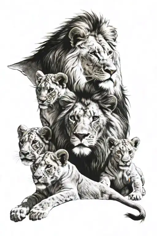 lion with 3 cubs all in color tattoo design idea