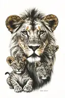 lion with 3 cubs all in color tattoo design idea