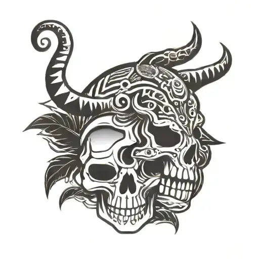 skull with a snake and black jaguar fade into the skull with 5 tribal arrow circle around the skull.  tattoo design idea