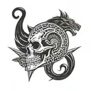 skull with a snake and black jaguar fade into the skull with 5 tribal arrow circle around the skull.  tattoo design idea