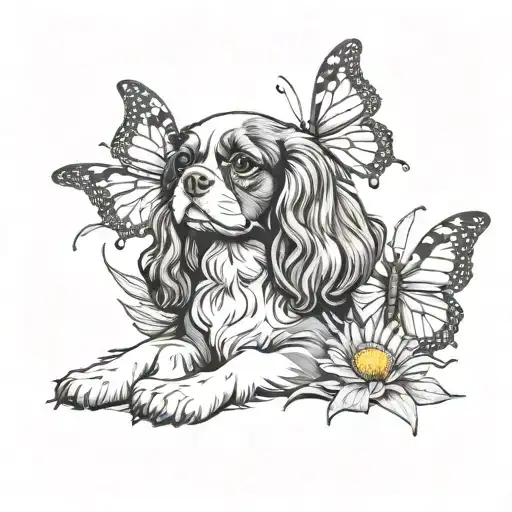 cavalier king charles spaniel in lavender and daisy with butterfly flying tattoo design idea