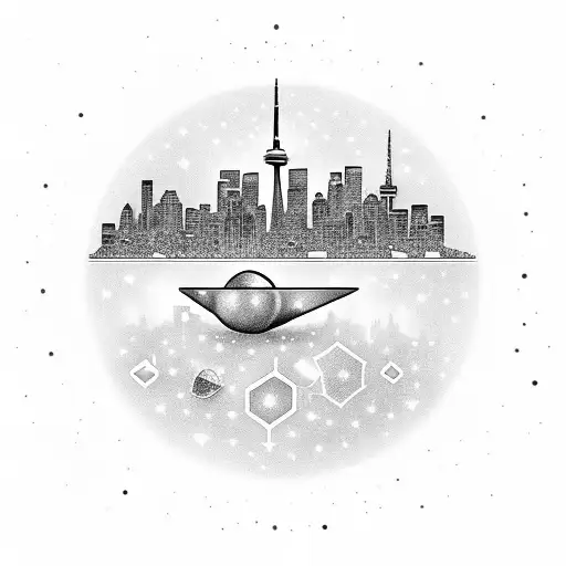 A pharmacist's mortar and pestle surrounded by stars and diamonds, with the Toronto skyline in the background tattoo design idea