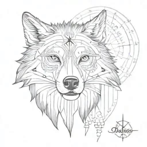 A dotwork design of a tribal wolf with a compass in its mouth, representing the client's passion for both animals and exploration tattoo design idea