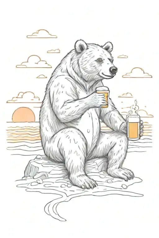 A sketch tattoo of a bear sitting on the beach at sunrise drinking one beer and make the beer colorful tattoo design idea