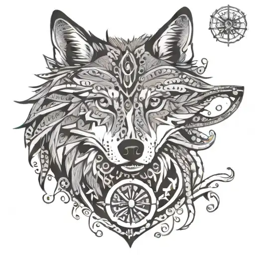 A dotwork design of a tribal wolf with a compass in its mouth, representing the client's passion for both animals and exploration tattoo design idea