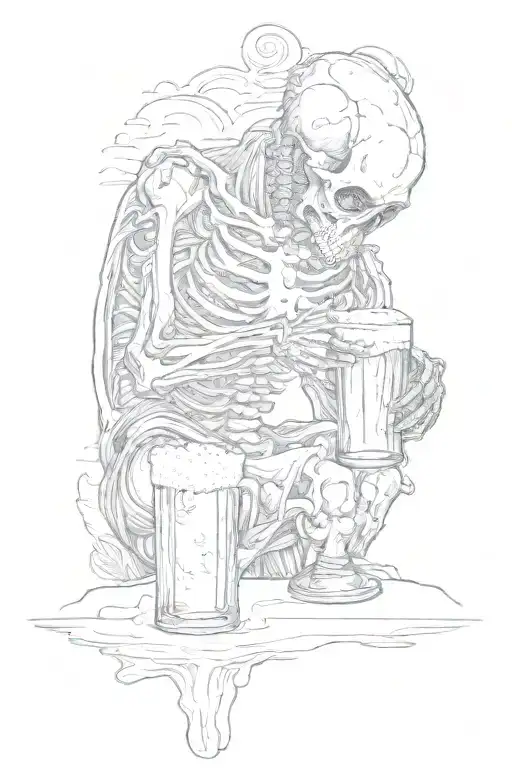 A sketch tattoo of a skeleton and a man drinking beer together on the beach  tattoo design idea