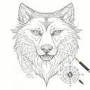 A dotwork design of a tribal wolf with a compass in its mouth, representing the client's passion for both animals and exploration tattoo design idea