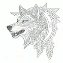 A dotwork design of a tribal wolf with a compass in its mouth, representing the client's passion for both animals and exploration tattoo design idea