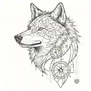 A dotwork design of a tribal wolf with a compass in its mouth, representing the client's passion for both animals and exploration tattoo design idea