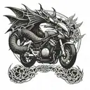 A unique blackwork tattoo of a motorcycle transforming into a dragon, symbolizing the client's adventurous spirit and love for motorcycles tattoo design idea