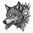 A dotwork design of a tribal wolf with a compass in its mouth, representing the client's passion for both animals and exploration tattoo design idea