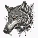 A dotwork design of a tribal wolf with a compass in its mouth, representing the client's passion for both animals and exploration tattoo design idea